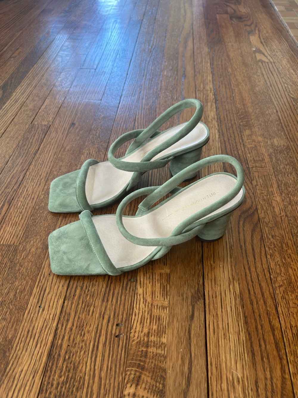 INTENTIONALLY BLANK Sage Green Suede Strappy Block 2.5” Heels